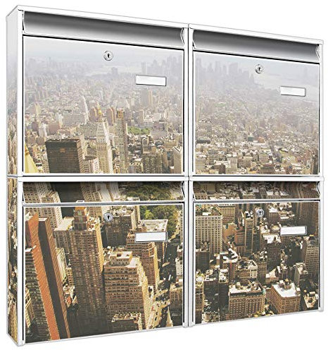 banjado Briefkastenanlage 4 Fach - Postkästen groß - verzinkter Stahl weiß DIN A4 Motiv Manhattan 1 - Briefkasten Set 4 Briefkästen Namensschild, 2 Schlüssel, Montagematerial