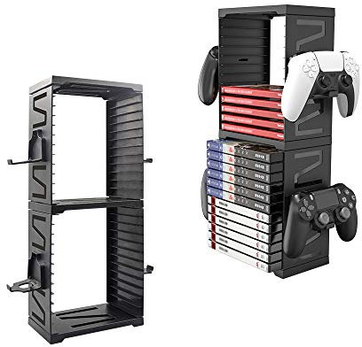 Feiuan Tour de Stockage de Jeu pour PS5 PS4, Couche Double Support de Rangement Stocke 24 Jeux ou disques Blu Ray,4 Support Casque et Manette pour PS4 Slim Pro, X-Box One Slim/X, NS Switch