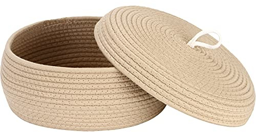 Sea Team Eleganter runder Baumwollseil-Aufbewahrungskorb mit Deckel - Multifunktionaler Organizer für Snacks, Handtücher uvm. - Ideal für Ihr Zuhause, 13 x 5.5 Zoll (Groß,Flach,Khaki)