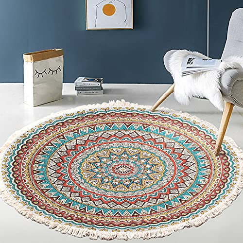 Alfombra vintage bohemia de algodón con estampado de mandala,lavable,tejida a mano,bohemia,redonda,con borlas,para dormitorio,pasillo,salón,mesa de café,felpudo,lavable a máquina,90 cm,flores #12