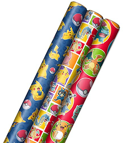 Hallmark Pokémon presentpappersrullar – Pikachu, Charmander, Bulbasaur presentpapper (set med 3 rullar: 5,6 m²) för födelsedagar, barnfester, gejmare, julklappar
