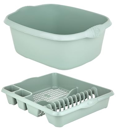 M1SS Set of Silver Sage Large Dish Drainer Tray Plate Rack Draining Board Stand With 39cm Rectangular Washing Up Bowl Plastic Kitchen Organiser Sink Holder