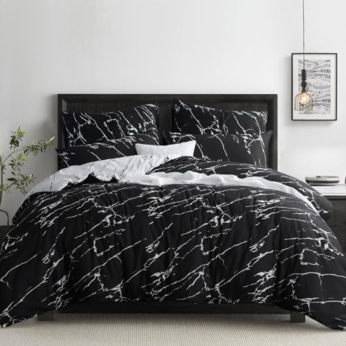 RUIKASI Bettwäsche 200x220 3 teilig Schwarz - Bettbezug 200 x 220 Set mit Marmor Muster, Bettwäsche-Sets 200x220cm aus Mikrofaser mit Reißverschluss Weich und Bügelfrei