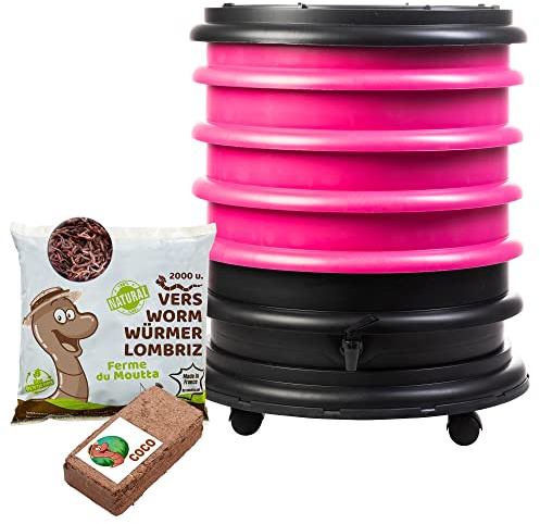 WORMbox | Lombricomposteur 4 Plateaux Fushia + 1kg de vers de Compost + 1 Bloc Coco | 64 litres | Compostez Vos déchets organiques, Les vers de Terre/lombrics produisent du lombricompost