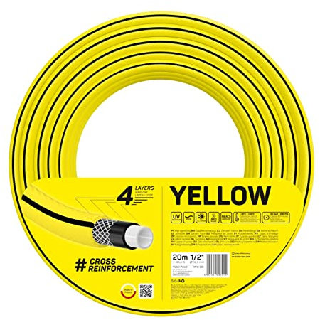 Cellfast YELLOW Gartenschlauch, Leicht, Strapazierfähig, 4-lagig, Haltbare Kreuzgeflecht, UV und Algenfest, Verwindungsfestigkeit, REACH-Technologie, 20 bar, -10/+50° Verschluss: 1/2, 20m