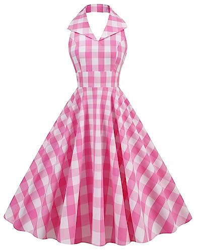 Damen 1950er Jahre Rockabilly Kleid ?rmellos Neckholder Vintage Cocktailkleid Kariert Retro Swing Kleid A Linie Elegante Hochzeit Partykleid Festlich Ballkleid
