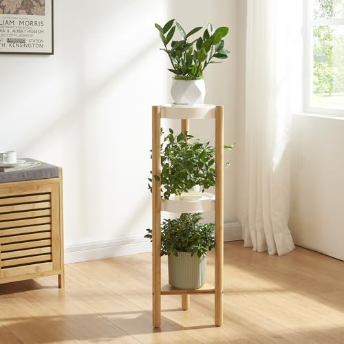 [en.casa] Pflanzenständer Sastamala Blumenregal Blumenständer Bambus mit 3 Ablagen rund Natur/Weiß Blumentreppe Pflanzenregal 78 x 25 x 25 cm