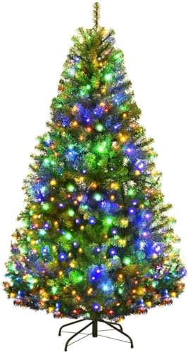 Goplus 5FT Pre-Lit Artificial Christmas Tree, Hinged Spruce Xmas Full Tree with 150 LED Multicolor Lights, 11 Lighting Modes, 600 PVC Branch, Foldable Base, for Indoor Home Office Decoration