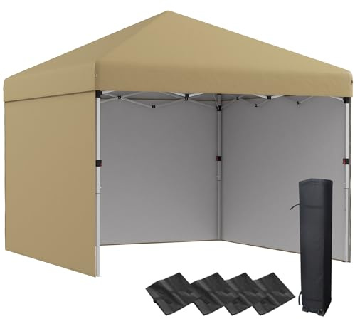 Outsunny 10' x 10' Pop Up Canopy Tent with 3 Sidewalls, Leg Weight Bags and Carry Bag, Height Adjustable, Instant Party Tent Event Shelter Gazebo for Garden, Patio, Beige