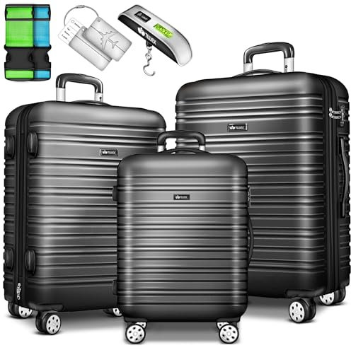 tillvex® Reisekoffer Set 3 teilig mit Gepäckwaage, Koffergurte & Kofferanhänger | Hartschale Kofferset 4 Rollen | Trolley Gepäck Koffer TSA Schloss | Rollkoffer Hartschalenkofferset M-L-XL (Grau)