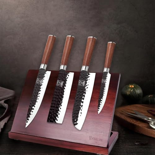 ChefHoablorn Conjunto de Bloque de Cuchillos Magnéticos para Cocina, Juego de Cuchillos de 4 piezas de Acero Inoxidable Alemán, Artesanía Forjada Martillada, Potente Imán en el Interior