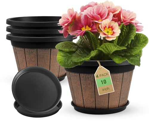 Quarut 4 Pack 10 inch Plant Pots,Upgrade Whiskey Barrel Planters with Drainage Holes & Saucer,Plastic Decoration Flower Pots Retro Design,Planters for Outdoor Indoor Garden Home Plants (Brown)