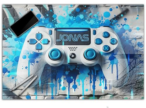 Gaming Schreibtischunterlage personalisiert mit Namen | 60 x 40 cm Graffiti Controller | wasserfeste Schreibunterlage, abwischbar, hochwertiges Acrylglas, Gamer Teenager Kunststoff