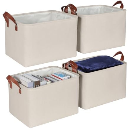 Syeeiex Storage Baskets for Shelves 4 Pack, Fabric Storage Boxes with Leather Long Handles, Foldable Storage Basket for Toys, Clothes , Organizing Home and Office - Natural