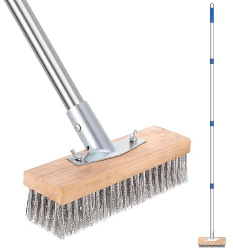Wire Broom with Telescopic Handle, 63 Inch Stainless Steel Wire Broom Stiff Metal Bristle Brush for for Removing Weed Moss, Outdoor Floor Scrub Brush for Patio, Deck, Garden