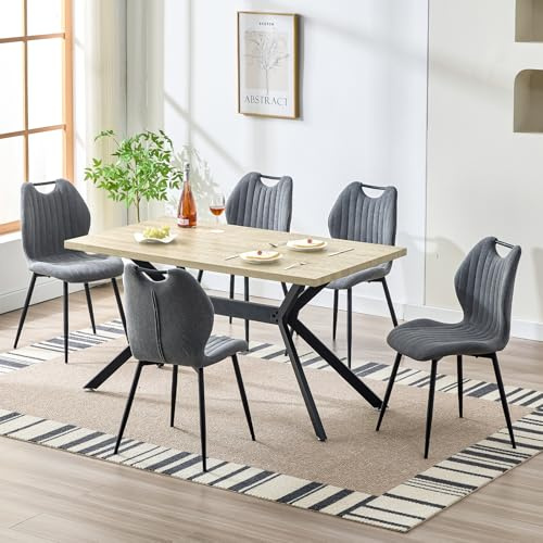 LEWE Essgruppen Esstisch aus Holz mit 6 Grau Stühlen 140 x 80 x 76 cm | Rechteckig Esstisch mit 6 Esszimmerstühle mit Hohe Rückenlehne, Integrierter Griff, Tischset für Küche Esszimmer Wohnzimmer