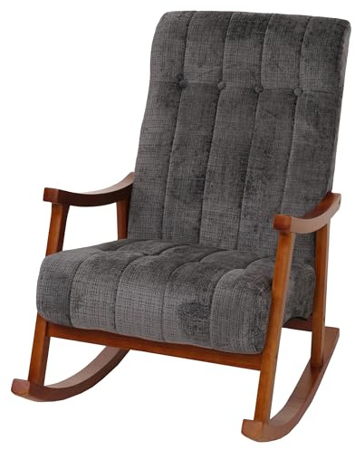 Mendler Schaukelstuhl HWC-K10 Holz - dunkelgrau, Gestell Walnuss-Optik | Relaxsessel, FSC®, Stoff/Textil, Chenille, (465g/m²)