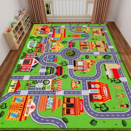 Kinderteppich, Autoteppich, Spielmatte, rutschfester Verkehrsstraßenteppich für Kinder, extra Stadtkarte, Lernmatte, 200 x 150 cm, klassisch