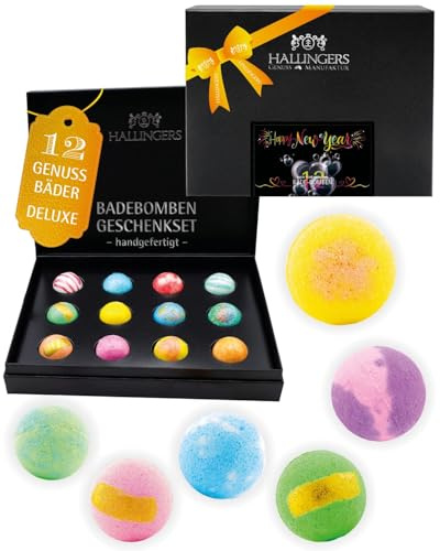 Hallingers Genuss Manufaktur Badebomben Geschenkset Neues Jahr – 12 Badekugeln in Geschenkbox, Wellness & Spa, aromatisches Badeset, Geschenkidee zum Jahresstart & Silvester, Bath Bomb Badezusatz