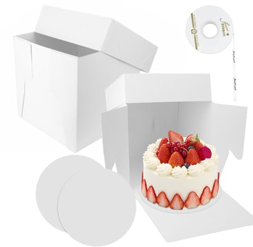 2 scatole di cartone per torte alte 30 x 30 x 20 cm, colore bianco con simpatici adesivi e nastro, scatola per torte quadrata, robusta scatola di cartone per il trasporto e la protezione di torte e