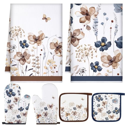 Teenyyou 6 Pcs Spring Brown Poppy Floral Kitchen Towels Oven Mitts and Pot Holder Sets Farmhouse Summer Wildflower Decoration for Home Cleaning Daily Kitchen Cooking Baking Grilling Gifts for Mother