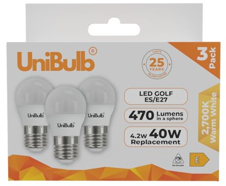 Unibulb E27 Edison Screw (ES) 4.2W Energy Efficient LED Golf Ball Light Bulb, 470 Lumens, 2700K Warm White, 40W Equivalent, 25,000hr Life, Non-Dimmable, Pack of 3