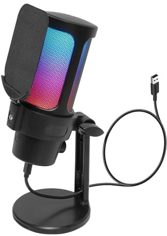 VCOM USB Microphone for PC, RGB Gaming Mic with Mute Button, Pop Filter, Shock Mount, Gain Knob, Condenser Microphones for Gaming, Podcast, Streaming, Recording
