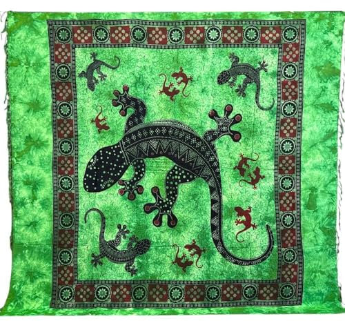 Seamar Großer Überwurf Geko 210 x 230 cm, 100 % Baumwolle, Sofaüberwurf mit Fransen Batik (Flaschengrün)