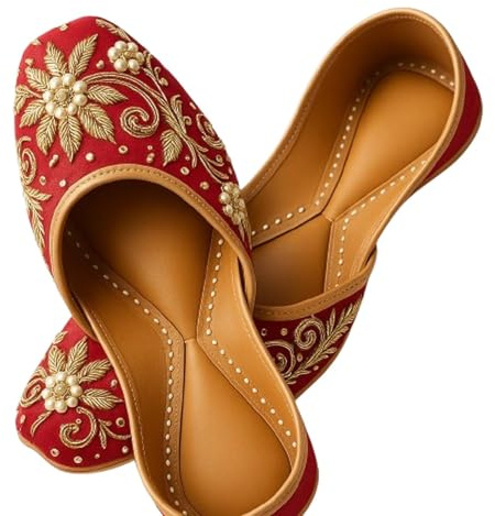 Indian Traditional Flats for Women Dressy Comfortable - Phulkari Khussa, Handmade Punjabi Jutti Ethnic Moajris for Casual & Festive Occasions, 7, Gold Red