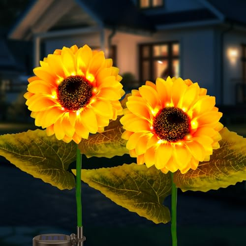 SCNNC Solar Lichter Garten Sonnenblumen für Außen LED Blumen Wasserdicht | LED Solar Sonnenblume für Garten Deko Balkon Rasen Gräber Terrasse Hof Gehweg, 2 Stück
