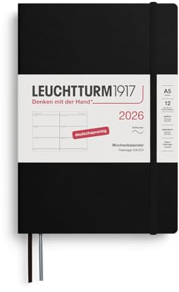 LEUCHTTURM1917 372555 Veckokalender medium (A5) 2026, 12 månader, mjukt lock, svart, tyska