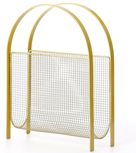 Gold Metal Magazine Rack, Floor Mesh Magazine Holder for Living Room Bathroom Office – Modern Storage Organizer for Newspapers Books & Mail, with Non-Scratch Foot Pads