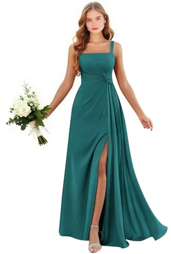 Vestidos largos de gasa para dama de honor para mujer, cuello cuadrado con abertura, acampanado, formal, vestido de noche, boda, fiesta, invitada, Teal, 40