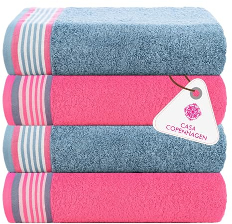 Casa Copenhagen He & She Juego de 4 Toallas de baño, 70x140 cm, Azul empolvado–Rosa, 550 g/m², algodón Egipcio, diseñado en Dinamarca, para baño, Cocina y Ducha