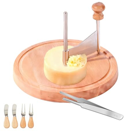 Benhurb Wooden Cheese Curler Cutter, Stainless Steel Cheese Shaver for Cheese Wheel and Chocolate Block, Manual Cheese Slicer Tools Set with Tweezer for Home Kitchen Commercial Dessert Restaurant Cafe