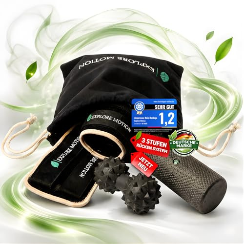 Explore Motion 4-in-1 Akupressur Kniebandage Set – Inkl. Faszienrolle, Massageball & Turnbeutel - Sport-Bandage mit Silikonpads zur Entlastung & Regeneration bei Verspannungen