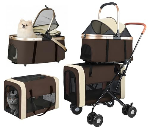 Beuway Double Pet Stroller for Dogs and Cats, One-Step Folding Dog Stroller Travel Carriage for Small Medium Dogs Cats, 2 Detachable Carrier Bags, 4 Lockable Wheels (Brown)