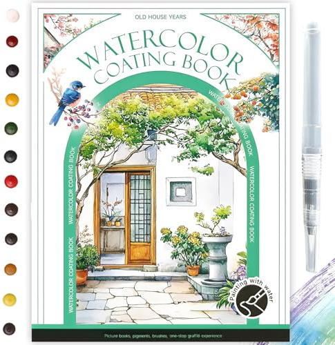 Glvomazty Cahiers D'aquarelle Livre, Carnet Coloriage Adulte Anti Stress, Livre-Magique-Eau Peinture Avec Pinceaux et 12 Couleurs pour Débutants Adultes Cadeau Creatif