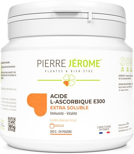 Acide L-Ascorbique E300 Extra Soluble en Poudre Pierre Jérôme - 500 G - Vitamine C Pure et Naturelle - Complément Immunité et Additif Alimentaire - 0.5 KG
