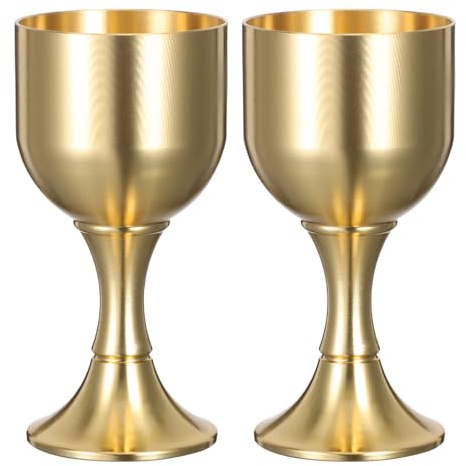 DOITOOL 2Pcs Brass Wine Goblets Small Communion Chalice Set – Classic Metal Stemmed Cups for Wedding Banquets and Religious Ceremonies