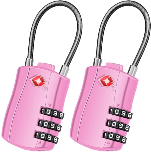 Diyife TSA Approved Luggage Locks with Flexible Steel Cable, Easy to Set up | 3-Digit Combination Suitcase Locks, Small Padlocks with Code for Travel, Bag, Backpack, Zinc Alloy Body (Pink, 2 Pack)