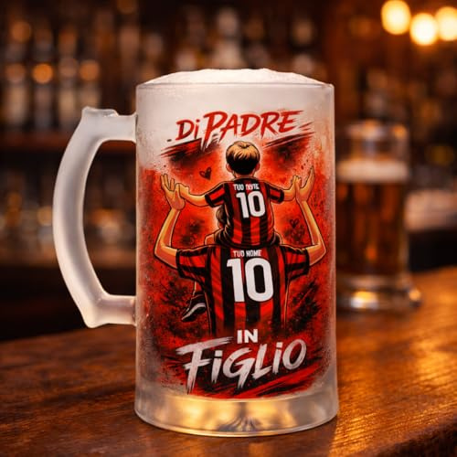 D&Vlab Boccale Birra 600ml in Vetro Satinato di Padre in Figlio Personalizzato con Nome per papà Tifosi Calcio Squadre Ultras Rosso Neri Milanisti