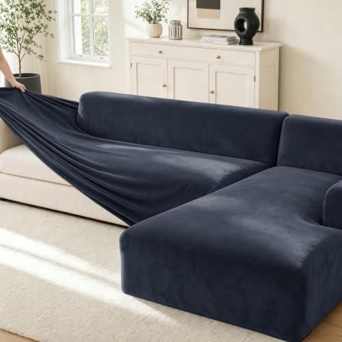 wiipara Samt Sofa Überzug 3 Sitzer, Stretch Couchbezug Dunkelgrau, 1 Stück | Dicker Plüsch Sofabezug, Elastisch, Superweich & Atmungsaktiv für Haustiere, Wohnzimmer (L-Form Ecksofa erfordert Zwei)
