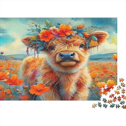 Vitello con Corona di Fiori Puzzle 1000 Pezzi Puzzle per Adulti Prato Fiorito Gioco di Puzzle Relax Decorazione Regalo 52x38cm/1000pcs