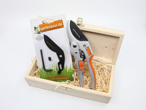 Gartenpaul Ratschen Gartenschere | Limited Edition inkl. Ersatzklingen-Set und Gartenpaul Holzbox | Kostenloser Schleifservice | Amboss Gartenschere | Stufenschere