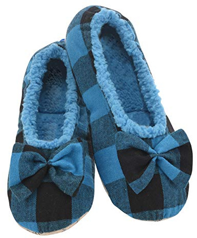 Snoozies Buffalo Plaid Ballerina Slippers for Women Indoor, Sherpa-Lined Ballet House Slippers for Women (Blue, Medium)