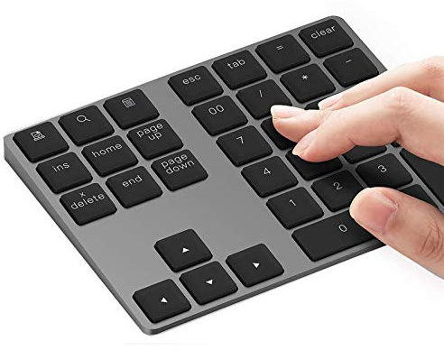 KINGCOO Mini Teclado Numérico Inalámbrico, Recargable Bluetooth Aluminio Numpad con 34 Teclas para Laptop Windows PC Windows iOS Android Tableta (Negro)