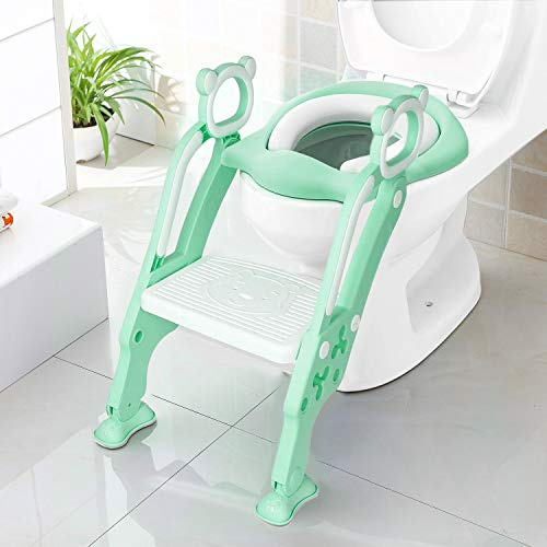 KEPLIN Toddler Toilet Training Seat Ladder with Adjustable Height, Non-Slip Wide Step & Soft Cushion – Foldable Potty Training Seat for Boys & Girls (Green)