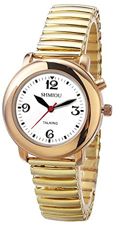 SHMIOU English Talking Watch for Women Golden for Senior Blind Visually Impaired Bracelet Expansion Watchband Analog Voice with Alarm Date Output