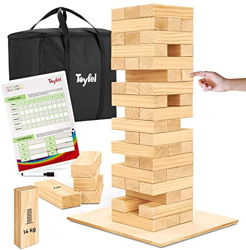 XXL Wackelturm Riesen Stapelturm Outdoor Spiel - Toyfel® Wackelturm Holz 0,7-1,2m hoch Bodenplatte, Tragetasche, Punktetafel Familienspiele Holz FSC® Gartenspiele Spiele für draußen Tip Tower
